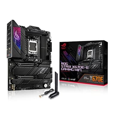 ASUS ROG STRIX X670E-E GAMING WIFI – Carte mère AMD Ryzen AM5 ATX (PCIe 5.0, DDR5, 18+2 phases d'alimentation, 4 x M.2 avec radiateurs, USB 3.2 Gen 2x2, WiFi 6E, AI Cooling II, Aura Sync RGB)