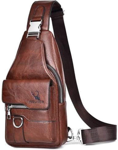 Hjkiopc Bandouliere Sac de Poitrine Homme Sacoche business de Loisir Dos PU Cuir Pochette Epaule Sac à Dos de Voyage pour Homme Femme(Brun Foncé)