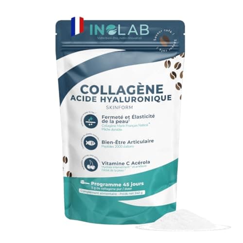 INOLAB Collagene Marin poudre & Acide Hyaluronique & Acérola Bio | Collagène marin Français Breveté 2000 Da | | Arôme Naturel Café | 45 Doses de 5,38 g/jour