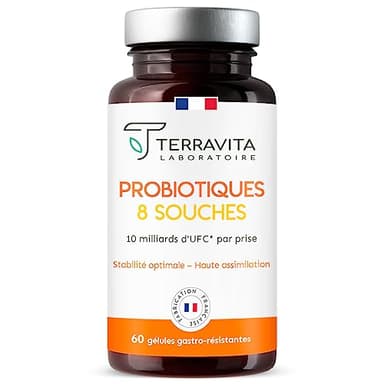 Probiotiques Flore Intestinale | Microbiote et Santé Digestive | 8 Souches Bio-actives dont Lactobacillus Reuteri et Acidophilus | 60 Gélules Gastro-résistantes | Made in France | Terravita