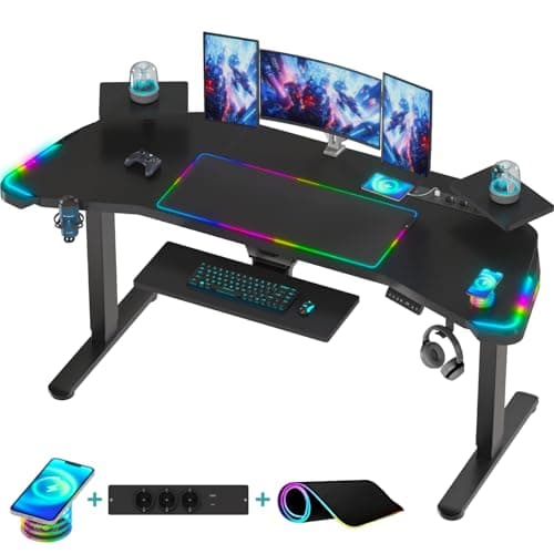 Devoko Bureau Gaming LED 186cm, Bureau Assis Debout Électrique, Bureau Gamer avec Chargeur sans Fil, Prise, Tapis de Souris RGB et Plateau pour Clavier, Bureau Réglable en Hauteur（186cm,Noir）