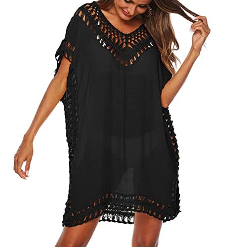 Baynetin Robe de Plage Femme Ete- Bikini Cover Up - Poncho Maillot De Bain Chemisier Pareo, Dentelle au Crochet Cache-Maillots (Noir)