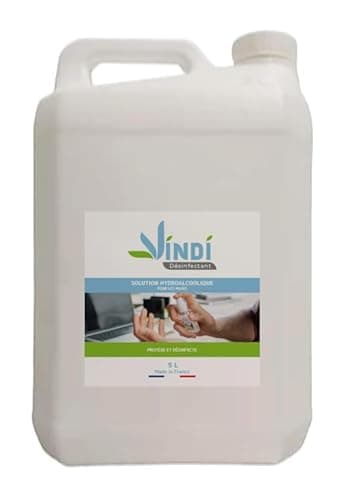 Vindi Désinfectant solution hydroalcoolique - Bidon de 5L - Fabrication Française - 76% d'alcool - Désinfection des mains et des surfaces - Virucide