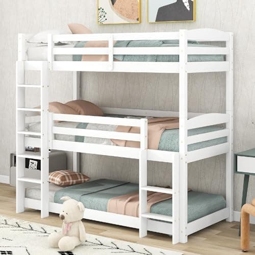 PUGSDRLY Lit Superposé Enfant 3 Places,Lit 3 Places avec échelle,Single-Size-lit superposé en Bois à Trois Places pour Enfants,90x200cm,sans Matelas (Blanc)