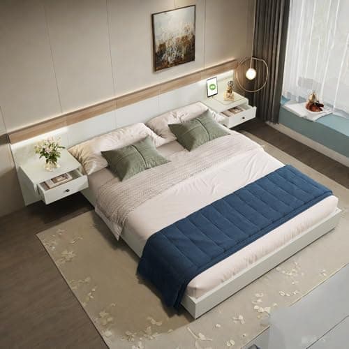 Lit 180x200 avec lattes et tête de lit,lit coffre avec 2 tables de nuit LED et prise USB,lit 2 personnes avec rangement,cadre de lit,lit double,lit capitonné,ensemble en chêne blanc(sans matelas)
