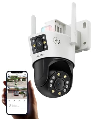 ZOSI Plug-in Camera Surveillance WiFi Exterieure avec Double Objectif 4MP+2MP, 360° Vue Détection Humaine/Véhicule, Audio Bidirectionnel Sirène Alarme Stockage Cloud Vision Nocturne Couleur, C298 SE