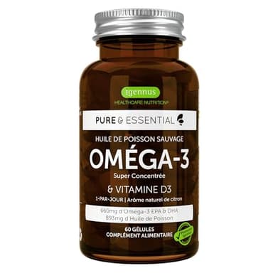 Igennus Huile de Poisson Sauvage Oméga-3 Ultra Pure & D3, 1 par jour, 60 gélules, Acides Gras EPA & DHA, Triglycérides rTG à Action Rapide, sans OGM