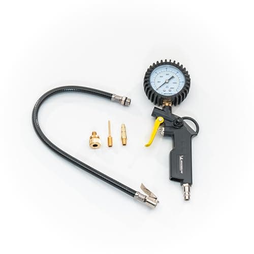 Michelin Gonfleur Pneus avec Manomètre Pression à Double Échelle, Pistolet de Gonflage avec Tube Flexible, Manomètre Compresseur avec Gamme Pression 0-8 Bar, Poignée Confortable, Buses Incluses, Noir