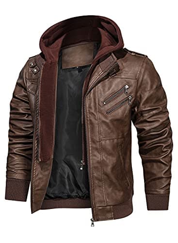 HOOD CREW Blouson de moto en similicuir avec capuche amovible pour homme, marron, M