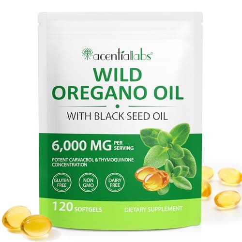 Capsules d'huile d'origan, 120 Oregano Oil Capsules - Faciles à avaler et à libération rapide - 6000 mg d'huile d'origan avec 200 mg d'huile de nigelle, 130 mg de carvacrol par capsule molle