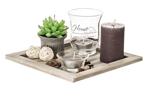 ootb Objet de Décoration/Assiette Carré Naturelle en Bois avec Porte-Bougie, Bougies et Pierres Décoratives