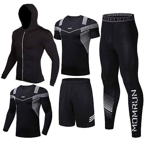 BOOMCOOL Ensemble de survêtement 5 pièces pour homme - Tenue de course à pied - Chemises à manches longues - Leggings et shorts - Vêtements de sport pour athlétisme, E1., M