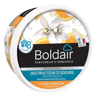 BOLDAIR - Gel destructeur d'odeur Fleur d'Oranger - Neutralise les odeurs - parfume - Produit gel solide - Multi application - durée 8 semaines - 300g - Fabrication française