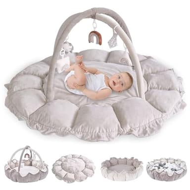 Tapis d'Eveil Bébé Doux Gym Centre Arche de Jeu avec Jouets Peluches Amovibles pour Bébé de 0 Mois+ Cadeau de Naissance - Gris