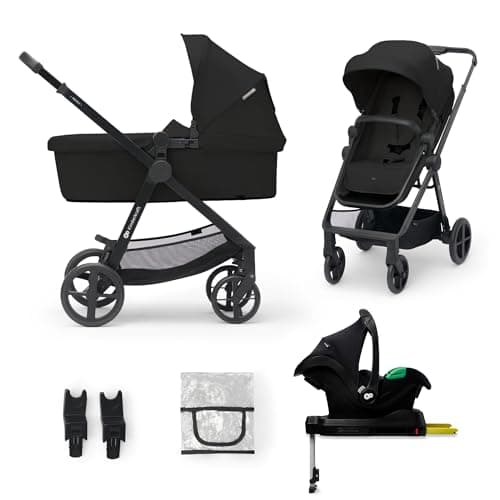 Kinderkraft NEWLY 4 en 1 Poussette, Avec Siège Auto MINK PRO I-Size 2 en 1, base ISOFIX, 360°, Poussette Canne, Trio, SYSTÈME DE VOYAGE, Landau, Accessoires, Adaptateurs, Nacelle, Jusqu’à 22 kg, Noir