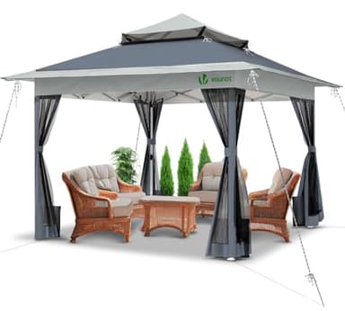 VOUNOT® Tonnelle de Jardin Extérieur 3.6x3.6m avec Moustiquaire Barnum Anti-UV Respirable Tente de Réception Cadre en Acier Toits Doubles Belvédère Jardin Terrasse Gris