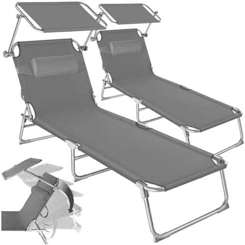 tectake® Set de 2 Chaise Longue Pliante Bain de Soleil Jardin Exterieur avec Pare Soleil & Appuie-tête Chaise Longue inclinable Transat de Plage Relax Jardin Camping Salon de Jardin Exterieur - Gris
