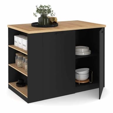 IDMarket - Ilot central TIBO 120 cm bois noir avec plan de travail façon hêtre