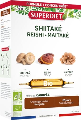 SUPERDIET - SHIITAKE REISHI MAITAKE BIO - Système immunitaire -Champignonnière française - Fabrication française - 20 ampoules de 10ml