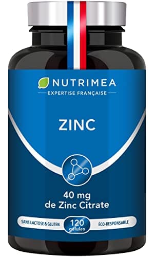 ZINC Citrate - Formule 100% Pure - Haute Absorption - Aide à Lutter Contre l'Acne - Apporte 40 mg de dont 12,5 mg de Zinc Élément (Zn) - 120 Gélules Vegan - Nutrimea - Fabriqué en France