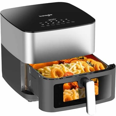 Iceagle Air Fryer 9L XXL - 2000W Friteuse Sans Huile Double Résistance | Friteuse à Air avec Fenêtre, 12 en 1, Fonction DIY, Conception Métallique 360°, Écran LED Ergonomique, Recettes