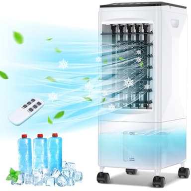 Climatiseur Mobile, Refroidisseur d'Air Portable, Humidificateur, Ventilateur, 3 Vitesses, 5,5 L Réservoir d'Eau, Télécommande, 1-7H Minuterie, Refroidisseur d'Air par Évaporation, 3 Packs de Glace