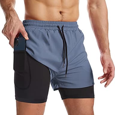 Danfiki Short de Sport 2 en 1 Respirant pour Homme avec Poches Sport Séchage Rapide Leggings de Sport avec Poche Base Layer Stretch,Bleu Cobalt,L