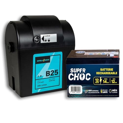 IntelliShock - Électrificateur Mixte de Clôture B25 - Avec Batterie 12 V 14 Ah - Poste 3 en 1, Alimentation Secteur, Batterie ou Pile - Facilement Transportable - Garde Tous Types d'Animaux