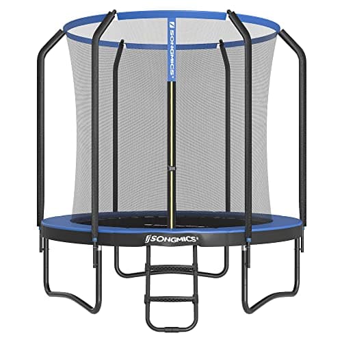 SONGMICS Trampoline Extérieur Enfant Diamètre 244 cm, Filet de Protection, Poteau Droit de 180 cm de Haut, Coussin de Sécurité, Échelle, Cadre en Acier, Noir et Bleu STR083Q01