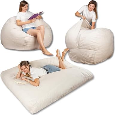 Bananair - Pouf Lit Convertible en Velours Côtelé – Transformable en Matelas d’Appoint Ultra Confortable, Rembourrage en Mousse – Pouf Salon/Chambre Utilisable en Futon/Matelas de Sol (Blanc Cassé)
