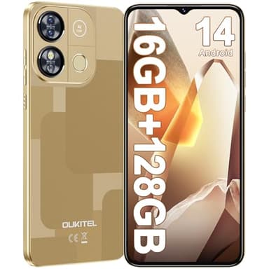 OUKITEL C57 PRO Telephone Portable Android 14, 16Go(4+12) RAM + 128Go ROM/TF 1To Smartphone Pas Cher, 6.52" HD 60Hz, Batterie 4300mAh Smartphone Débloqué, 13MP/4G Dual SIM/Fingerprint/Face ID/GPS - Or