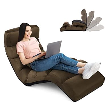 RELAX4LIFE Méridienne en Daim Réglable en 5 Positions 90°-180°et Oreiller, Chauffeuse 1 Place Convertible Rembourrée, Fauteuil Relaxant au Sol pour Bureau, Salon,Chambre, 175x55x20CM(Brun)