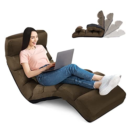 RELAX4LIFE Méridienne en Daim Réglable en 5 Positions 90°-180°et Oreiller, Chauffeuse 1 Place Convertible Rembourrée, Fauteuil Relaxant au Sol pour Bureau, Salon,Chambre, 175x55x20CM(Brun)