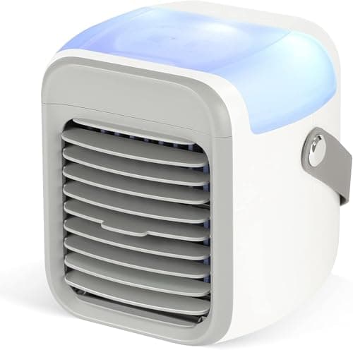 SHYOSUCCE Climatiseur mobile 4 en 1, mini refroidisseur d'air USB, silencieux, avec réservoir d'eau, poignée portable, 7 lumières LED, 3 vitesses pour Chambre, Bureau,Camping, Barbecue (blanc)