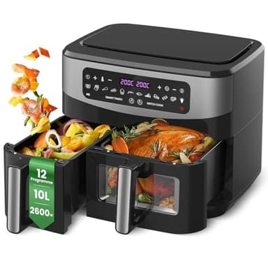 Friteuse Sans Huile avec 2 Tiroir, Air Fryer XXL à Double Compartiment de 10 litres(6l+4l) Avec Fenêtre Visible, 2600W Friteuse à Air Chaud 12-in-1 Programmes de Cuisson, Écran Tactile - Cooki G10 Max
