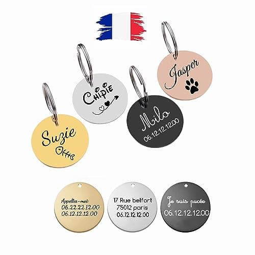 Médaille Chien et Chat avec gravure personnalisée - Gravure Laser En France - Etiquettes plaque d'identification pour animaux de compagnie avec Prénom Adresse Téléphone en acier inoxydable.