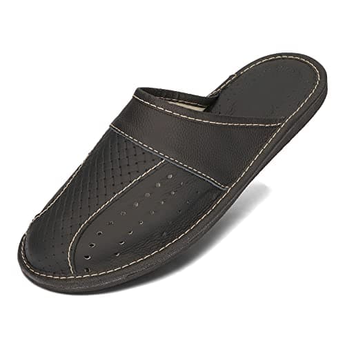 BeComfy Pantoufles Hommes Chaussons Cuir Véritable Mules Maison Noir Marron 40-50 EU (Noir, Système Taille Chaussures EU, Adulte, Numérique, Moyen, 43)