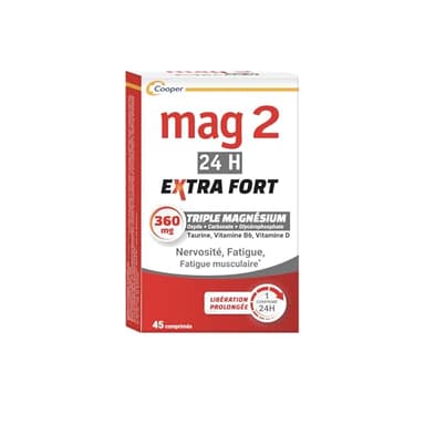 MAG 2 - 24H Extra fort - Magnésium, vitamine B6, vitamine D et taurine - Anti-nervosité et anti-fatigue - Complément alimentaire - Programme 45 jours - 45 comprimés