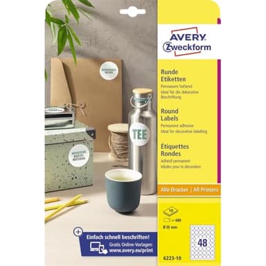Avery Zweckform 6223-10 Étiquettes rondes (480 pastilles adhésives, Ø 30 mm sur A4, autocollants ronds à imprimer, étiquettes de produits autocollantes, étiquettes permanentes) 10 feuilles, blanc