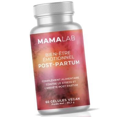 MAMA LAB Bien-Être Émotionnel Postpartum | Aide à lutter contre le baby blues et la fatigue | Complément alimentaire femme après accouchement | Végan | 60 gélules – Verveine Camomille Rhodiola Rosea