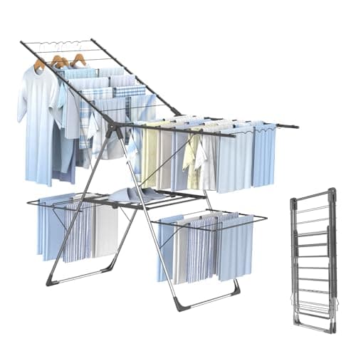 Innotic Étendoir Linge Intérieur Extérieur, Séchoir à Linge Pliable à 2 Niveaux, 4 Ailes Réglables en Hauteur, Tancarville Linge XXL, 3 Secondes Déplier ou Plier, 33 Barres, Gris