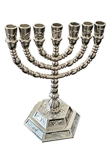 Bethlehem Gifts TM Petite base hexagonale à 7 branches de 12,7 cm - 12 tribus d'Israël Menorah (argent)