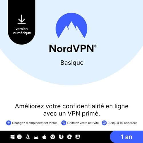 NordVPN Basique, 10 Appareils, 1 An, Logiciel VPN Premium, Code Numérique