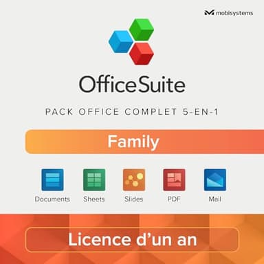 OfficeSuite Family – 6 Utilisateurs – Documents, Sheets, Slides, PDF, Mail & Calendar pour 1 PC Windows et 2 appareils mobiles par utilisateur / Licence de 1 an