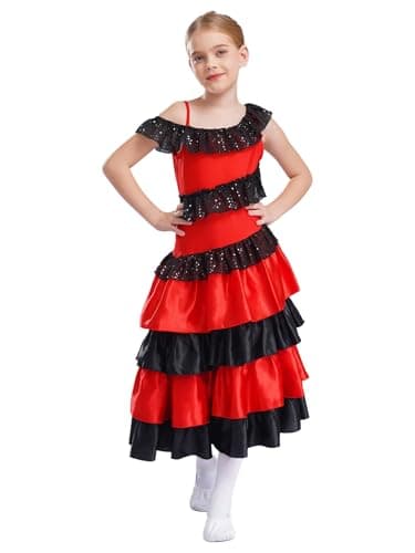 YiZYiF Déguisement Flamenco Rouge Enfant Fille Robe Espagnol Flamenco sans Manches Robe Flamenco Sevillane Costume Carnaval Halloween Performance 5-16 ans Rouge 11-12 ans