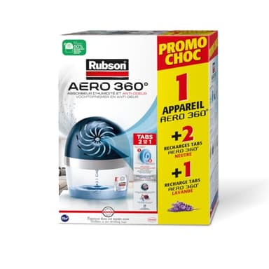 Lot Rubson AERO 360 : Déshumidificateur d’air pour la maison, absorbeur d'Humidité et anti odeurs pour pièce de 20 m² incluant 1 Recharge lavande de 450g + Pack 2 Recharges Tabs Neutres 450g