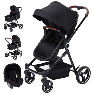 Baloveby Poussette combinée 3 en 1 - Kit complet avec nacelle pour bébé -Siège sport & nacelle de voiture - Kit poussette jusqu'à 26kg avec position allongée réglable - Grande capote extensible - Noir