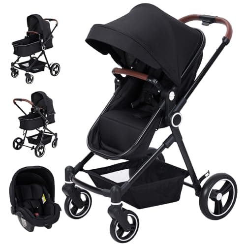 Poussette 3 en 1, pliable avec sac à langer, kit de poussette jusqu'à 26 kg avec position allongée réglable, protection contre la pluie, grande capote extensible