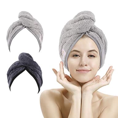 M-bestl Lot de 2 Serviettes de séchage pour Cheveux, Serviette à Cheveux en Microfibre Super absorbante avec Bouton pour sécher Rapidement Les Cheveux (Gris foncé et Gris Clair)
