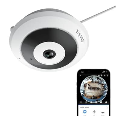 Reolink Caméra Fisheye, 2K+ 6MP Panorama 360°, Caméra de Surveillance Intérieure WiFi 2,4/5GHz, Détection de Mouvement, Correction de Distorsion, Audio Bidirectionnel, Vision Nocturne IR, FE-W Blanc